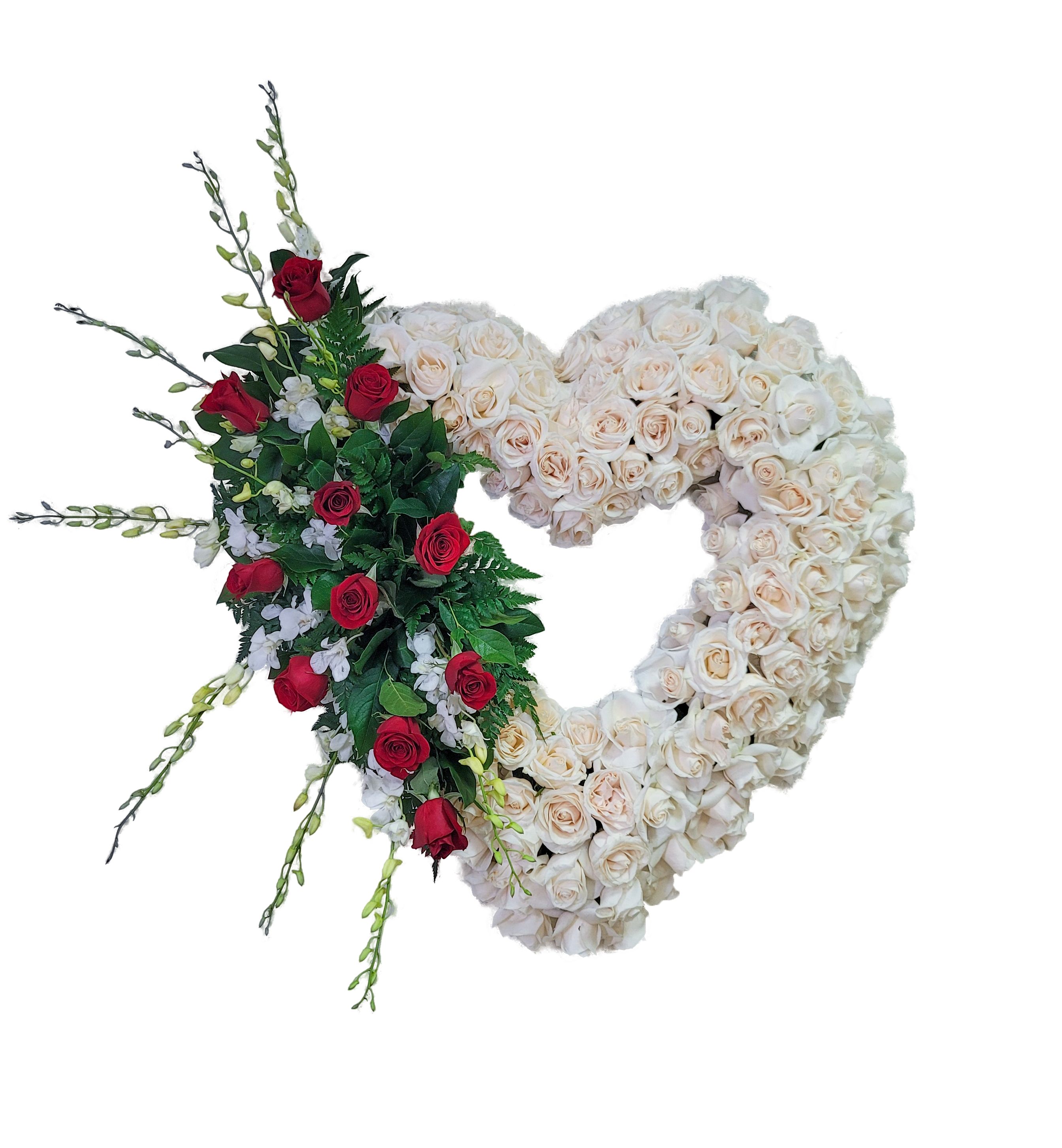 D-25 Corazon en rosas con focal en rosas y orquídeas con cinta impresa