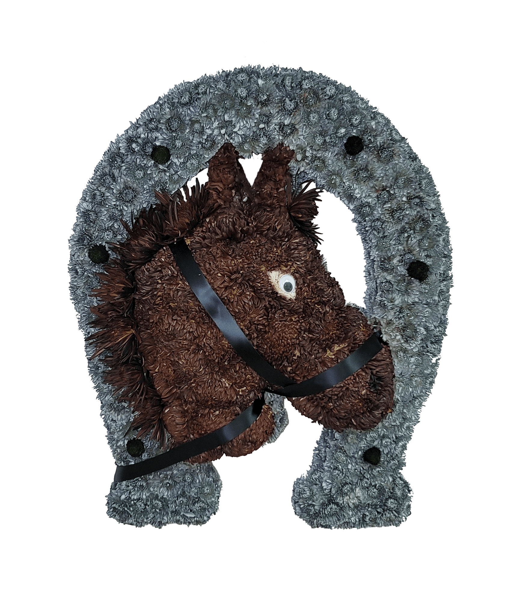 D-9 Diseño de herradura con cara de caballo. Incluye mensaje impreso en cinta. Flower Bouquet