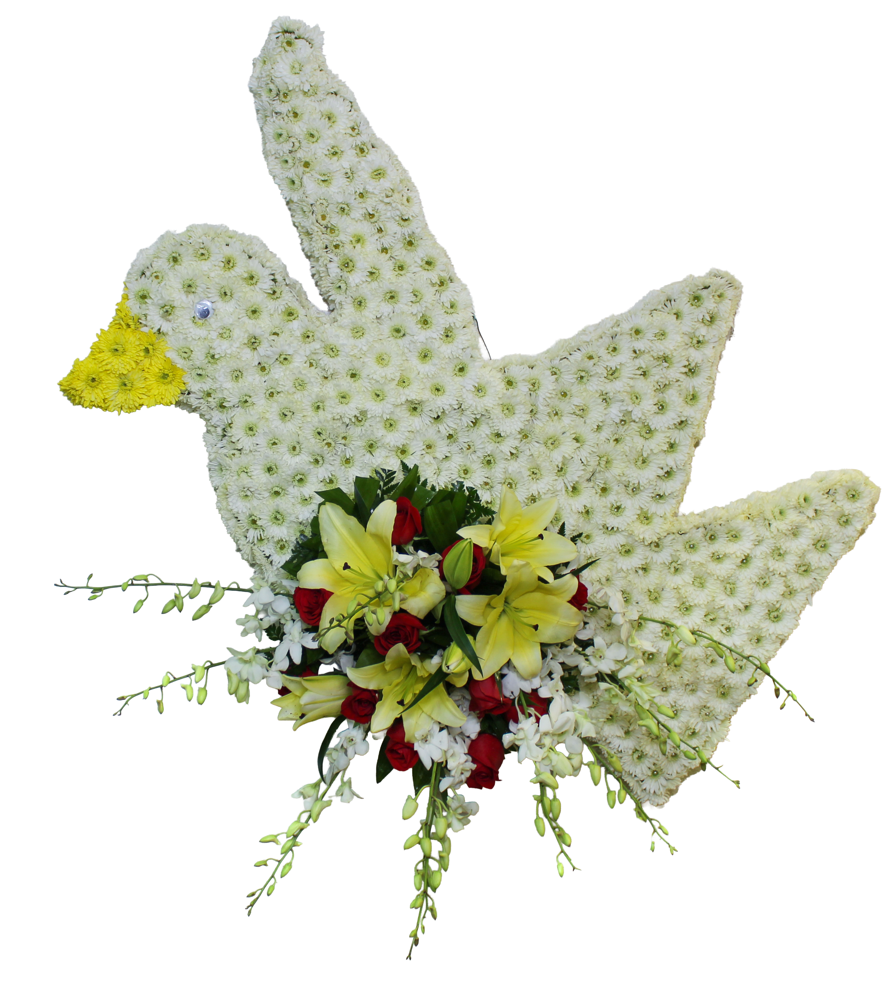 D-15 Paloma con focal en rosa, lirios y orquideas. Incluye mensaje impreso en cinta. Flower Bouquet