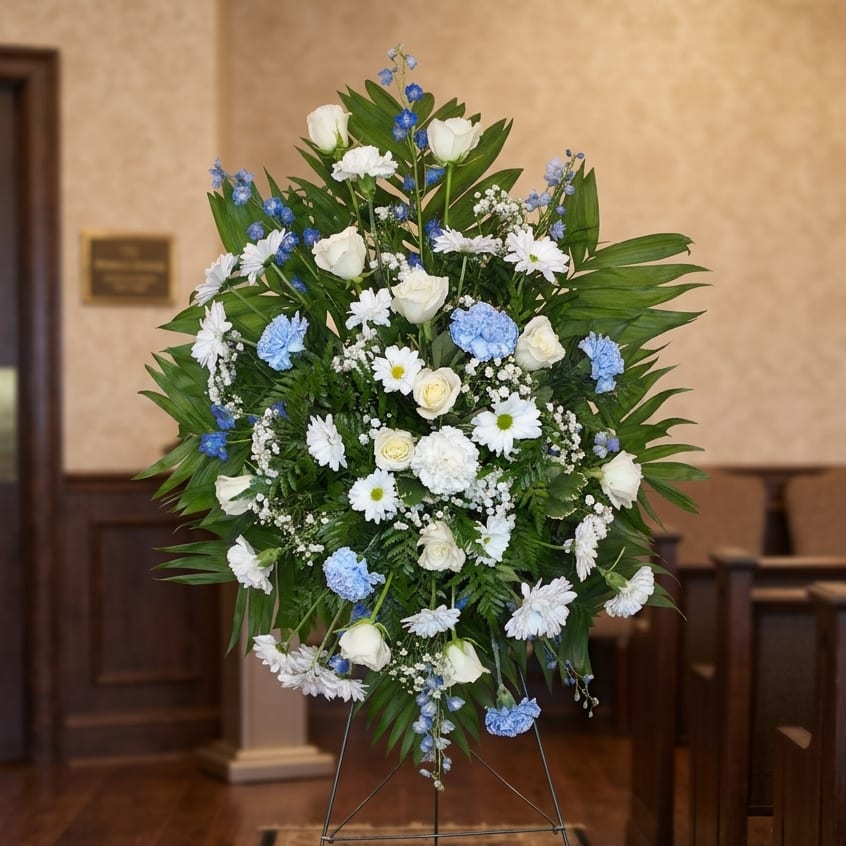 Blue and White Standing Easel Spray Flower Bouquet