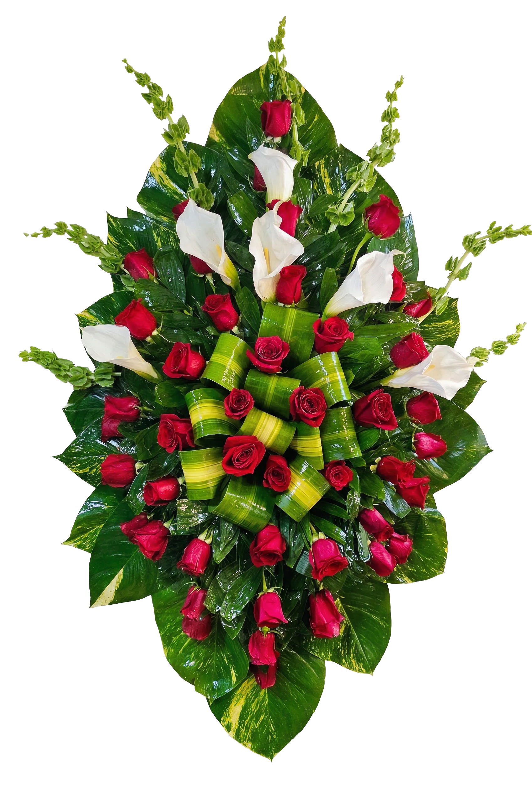 C-18 Corona de rosas, lirios cala y campana de irlanda con cinta impresa