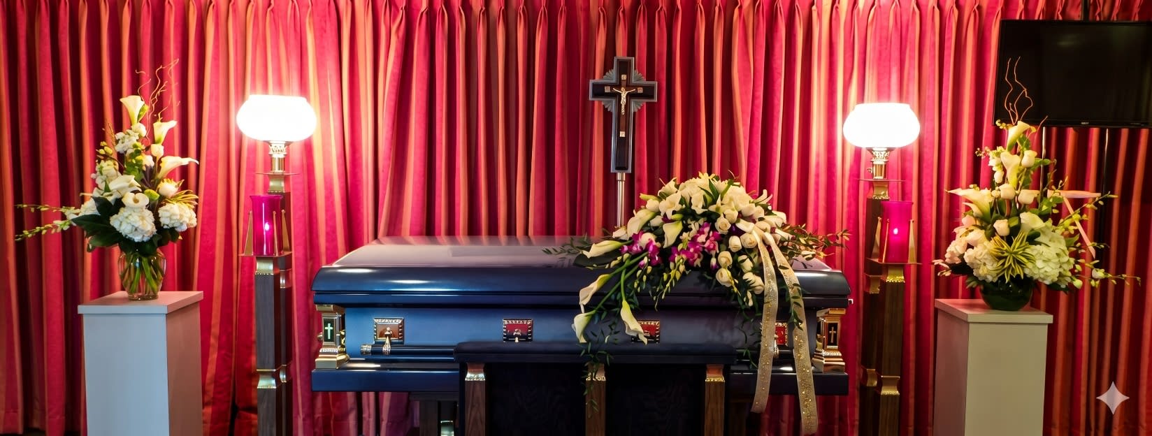 SC-28 Set funeral de rosas, lirios cala, hortensias, orquídeas y lirios, incluye casket cover y arreglos de los lados con cinta impresa