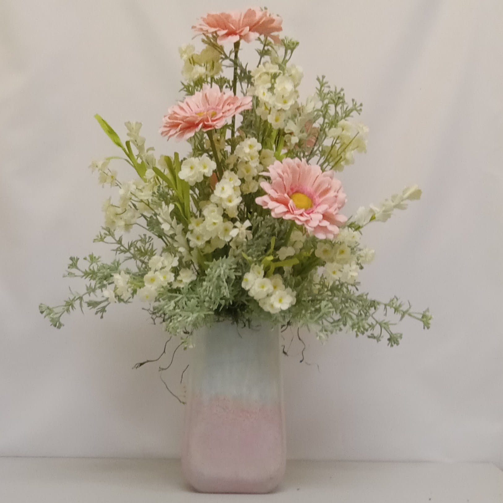 Pink & White Art Glass Silk Vase Flower Bouquet