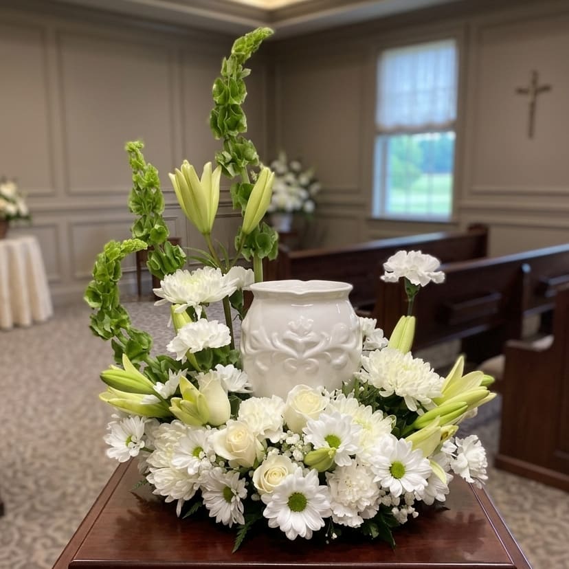 All White Cremation Urn Wreath Flower Bouquet