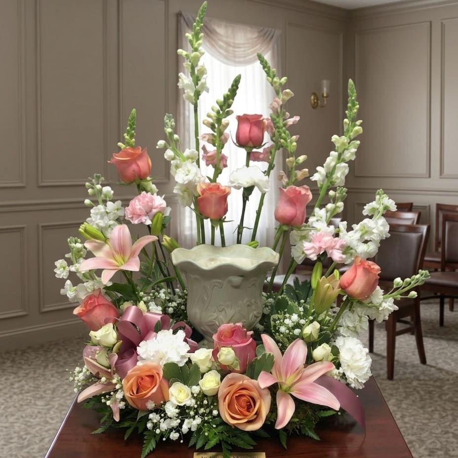 Pink and White Cremation Urn Wreath Flower Bouquet