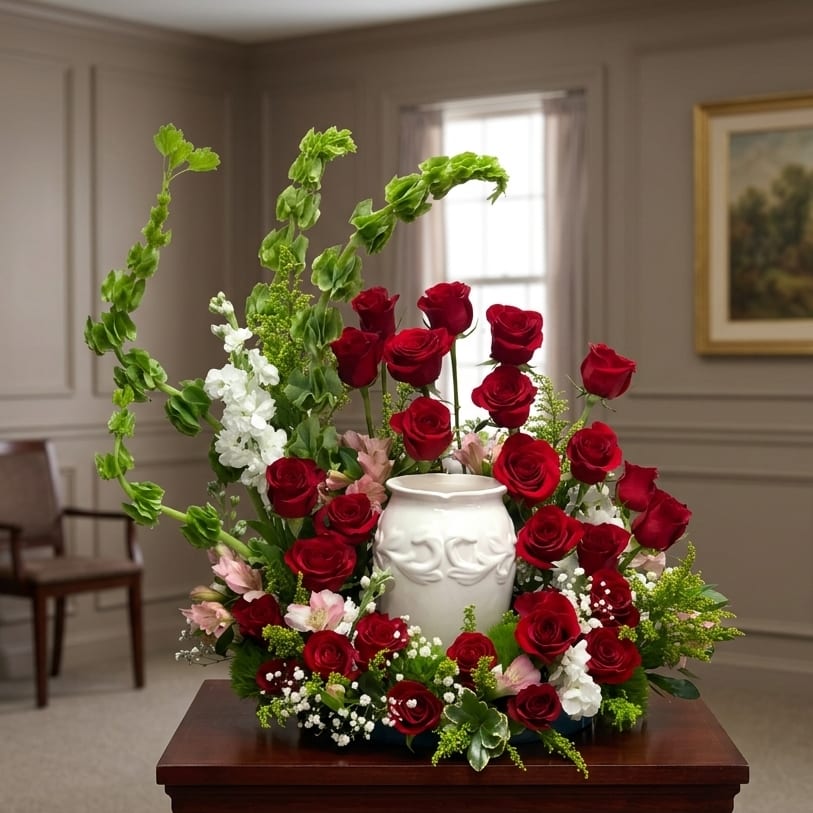 Red Rose, Pink, and White Cremation Urn Wreath Flower Bouquet