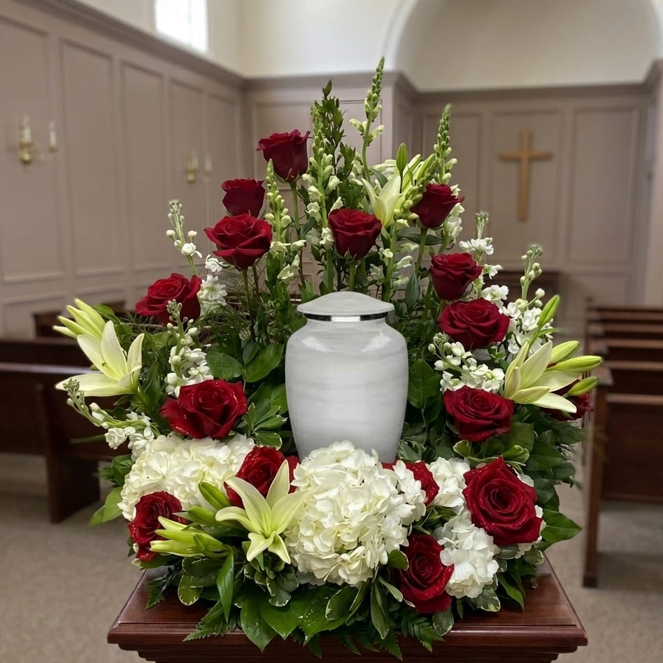 Missing You Red & White Urn Arrangement Flower Bouquet
