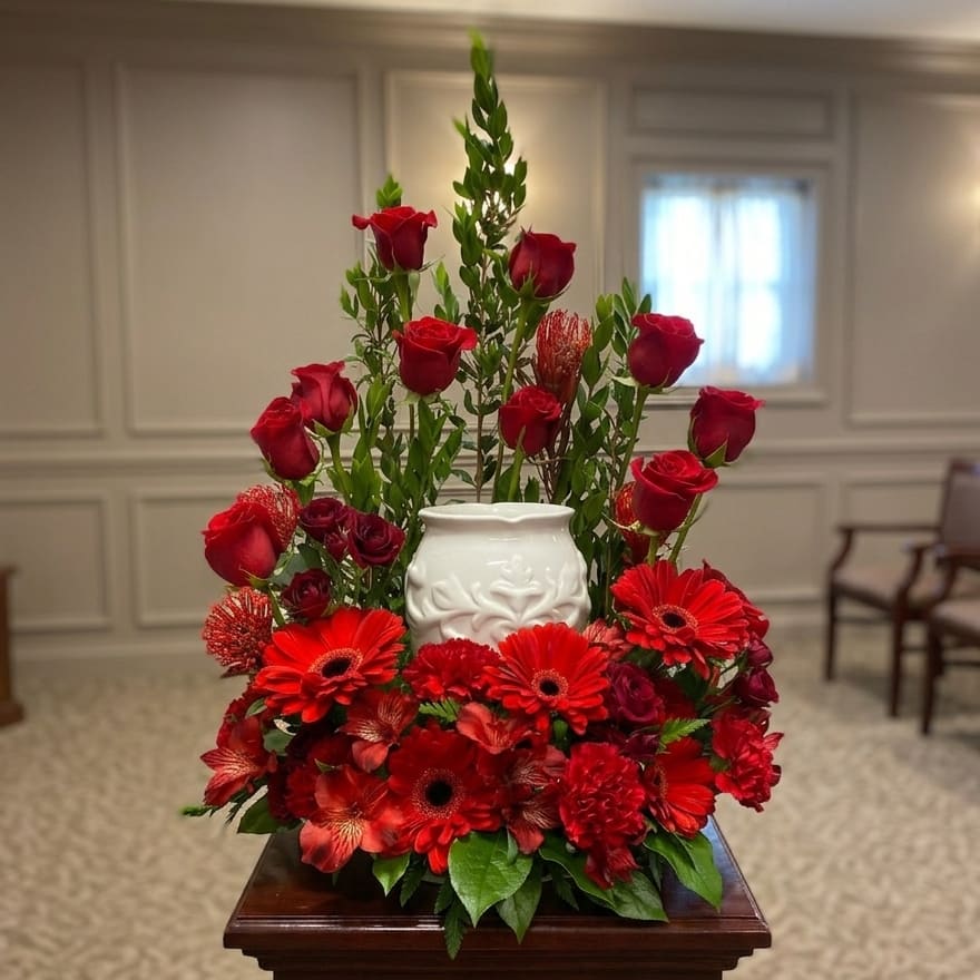 Red Mixed Flower Fresh Cremation Urn Arrangement Flower Bouquet