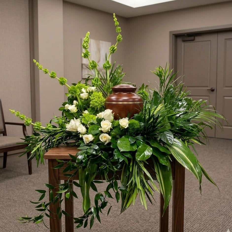 Green Garden Fresh Cremation Urn Arrangement Flower Bouquet