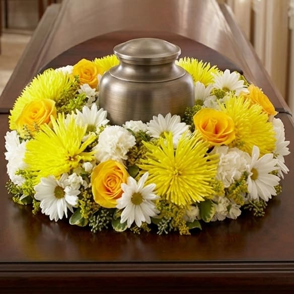 Yellow & White Cremation Wreath Flower Bouquet