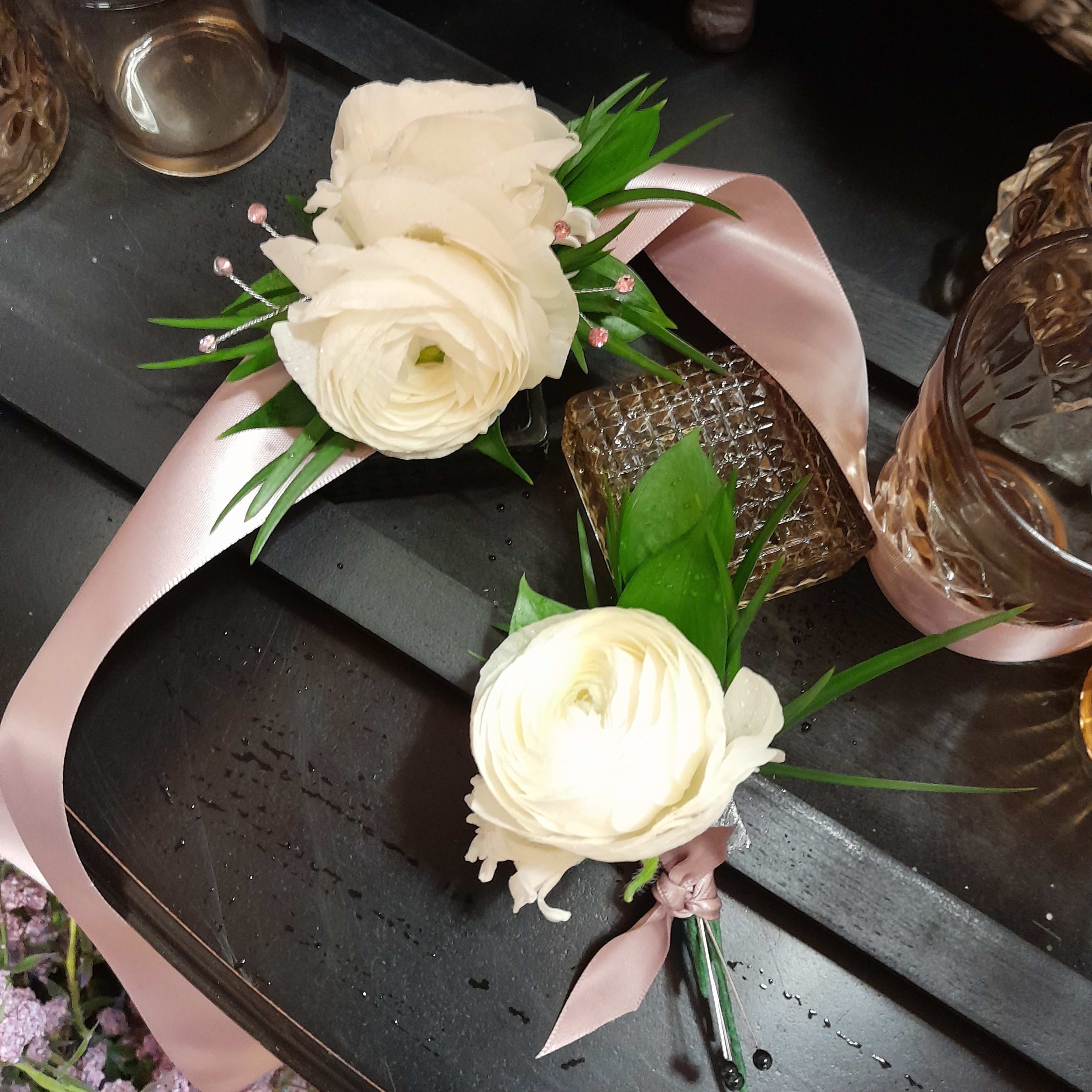 ribbon tie corsage and boutonniere -Ranunculus Flower Bouquet