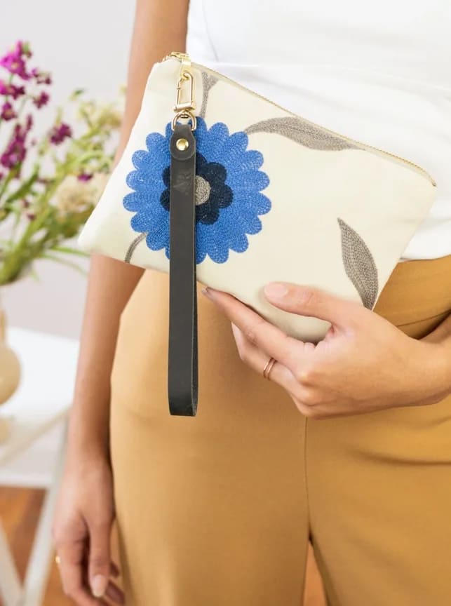Blue Poppy Embroidered Floral Wristlet Purse Flower Bouquet