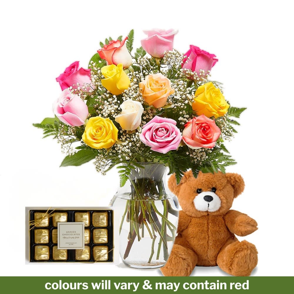 Timeless Combo - One Dozen Coloured Roses Arranged with Choco & Teddy
