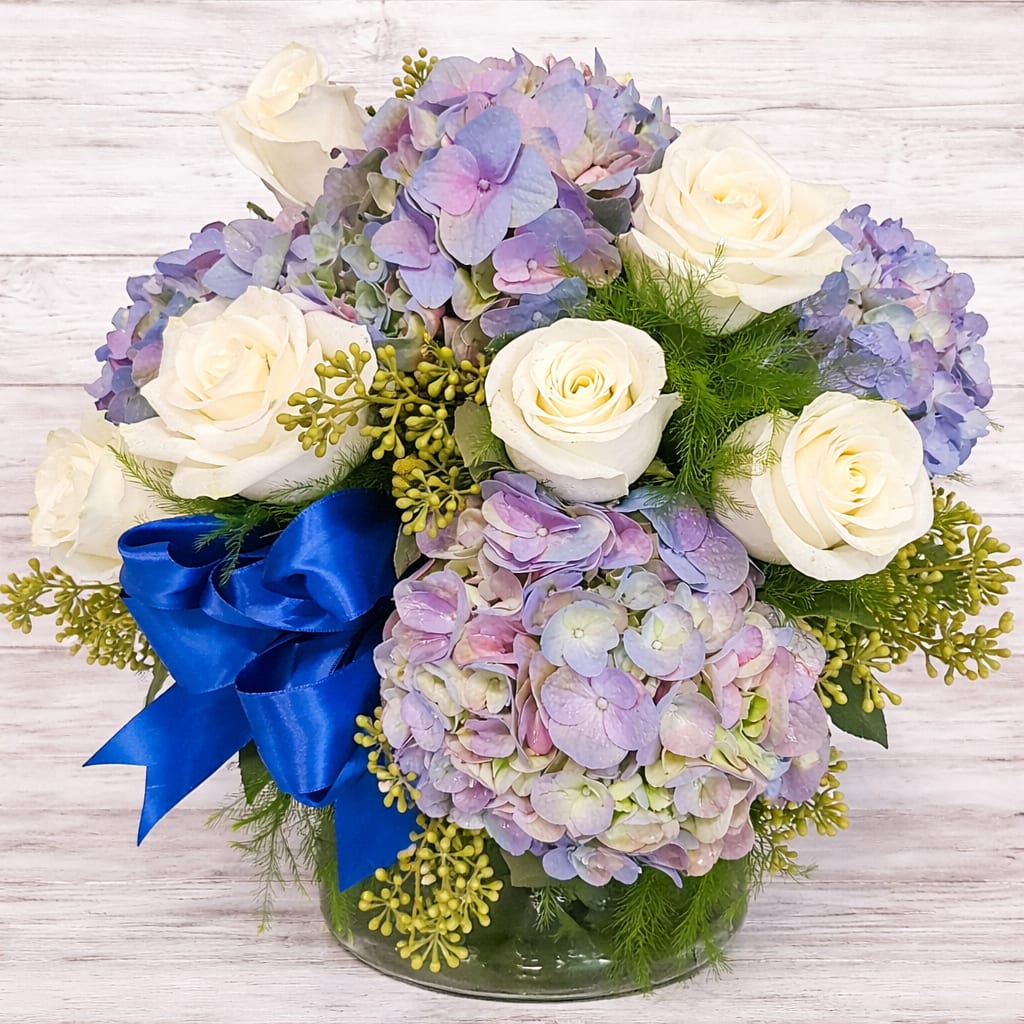 Blue Hydrangea and White Rose Vase Flower Bouquet