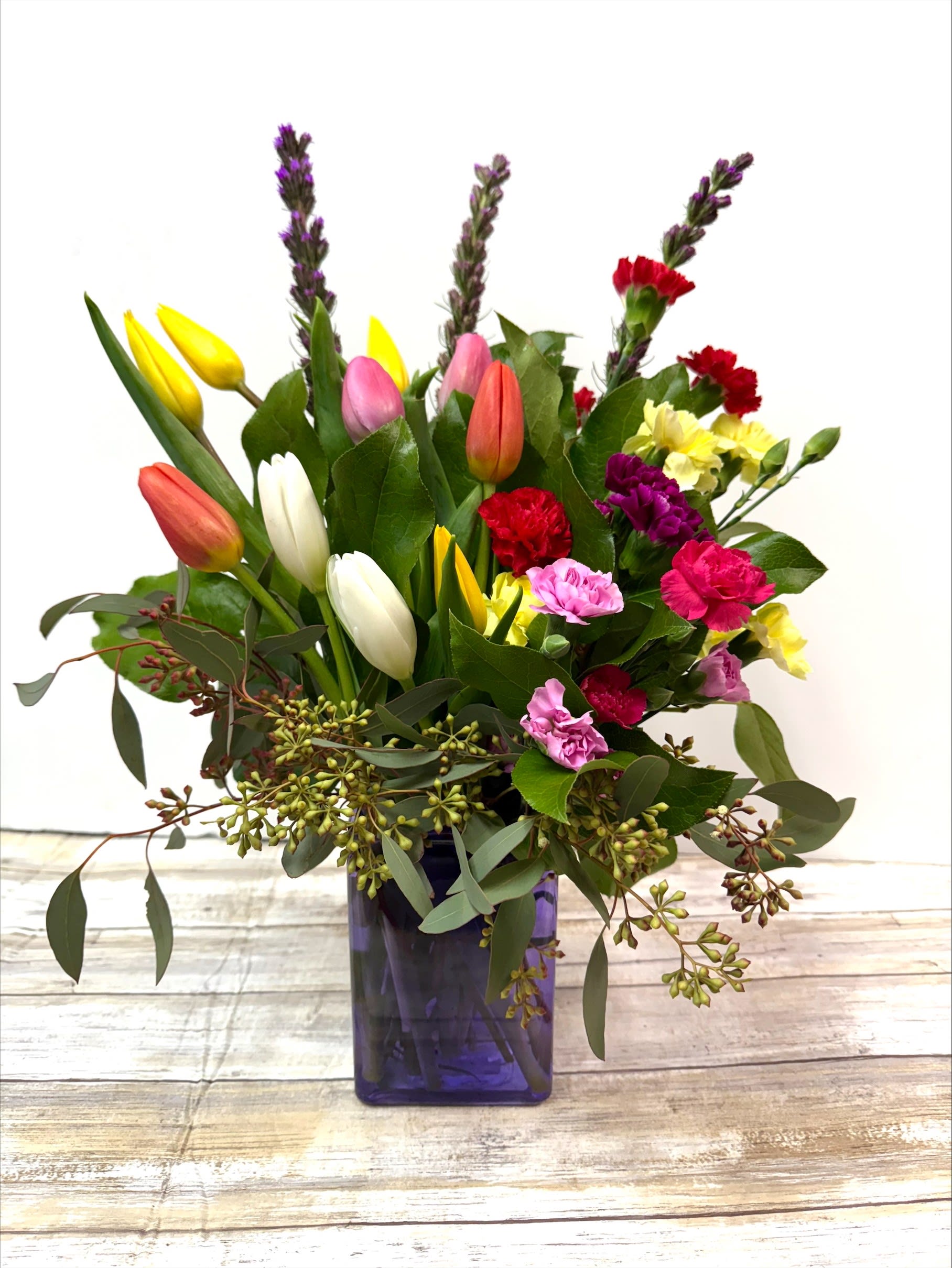 Tulip and Mini Carn Vase Flower Bouquet