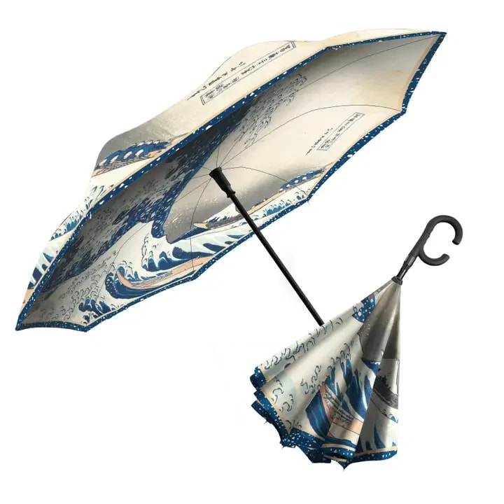 Hokusai "the Great Wave" Reverse Inverted Umbrella – Windproof, Hands-Free