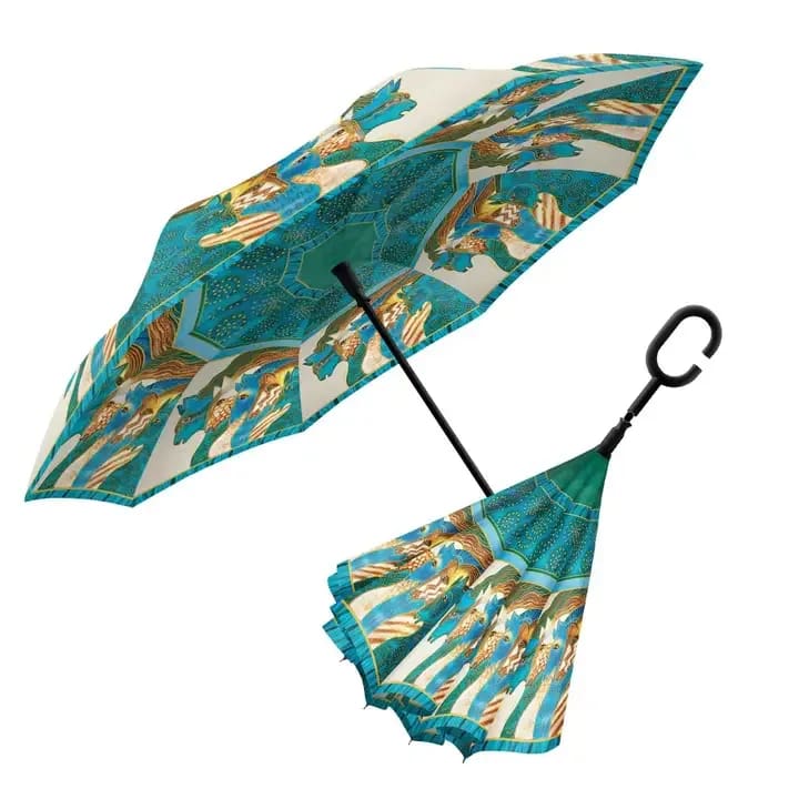 Laurel Burch Sky Mares Reverse Inverted Umbrella – Hands-Free, Windproof