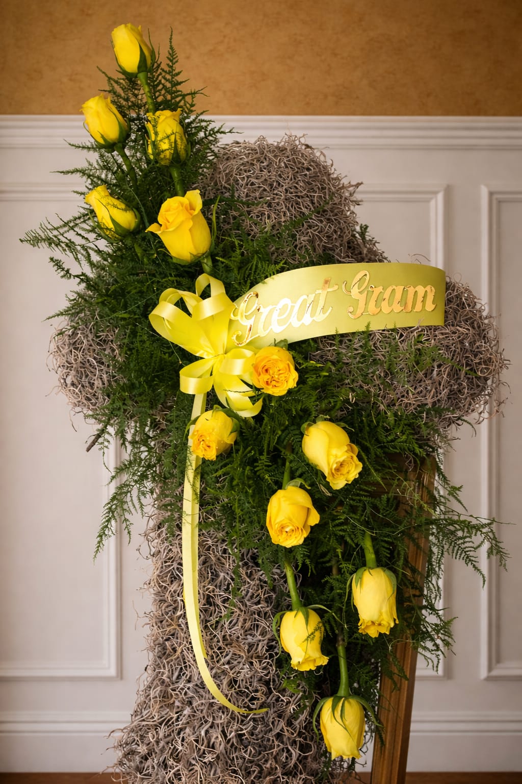 Moss Cross with Dozen Yellow Roses