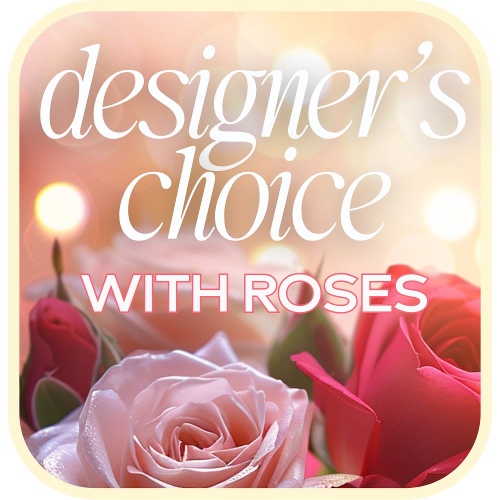 Designer's Choice with Roses in Glass Vase Flower Bouquet