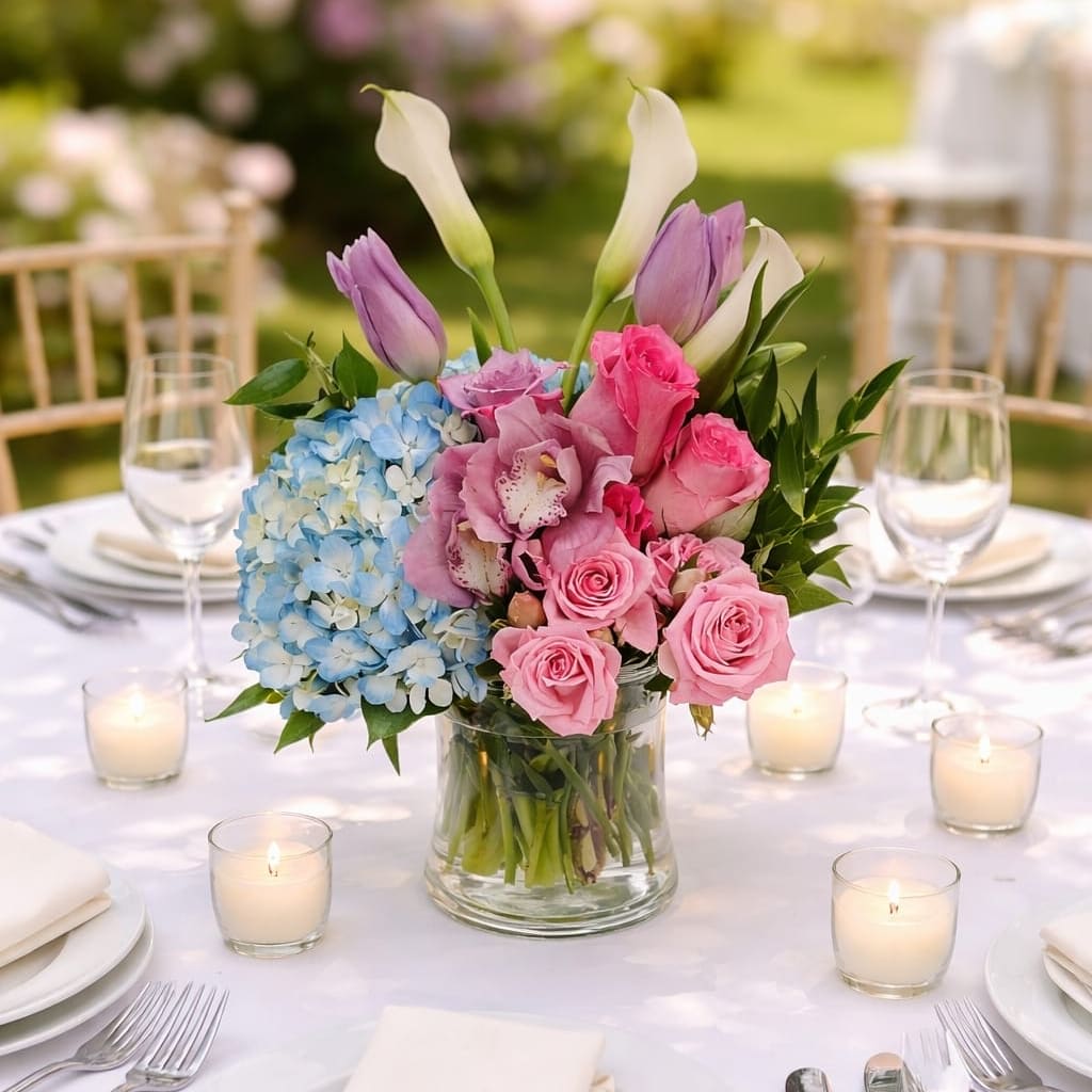 WC-7 Centro de mesa en rosas, mini cala, tulipanes, hortensias y orquídeas cymbidium