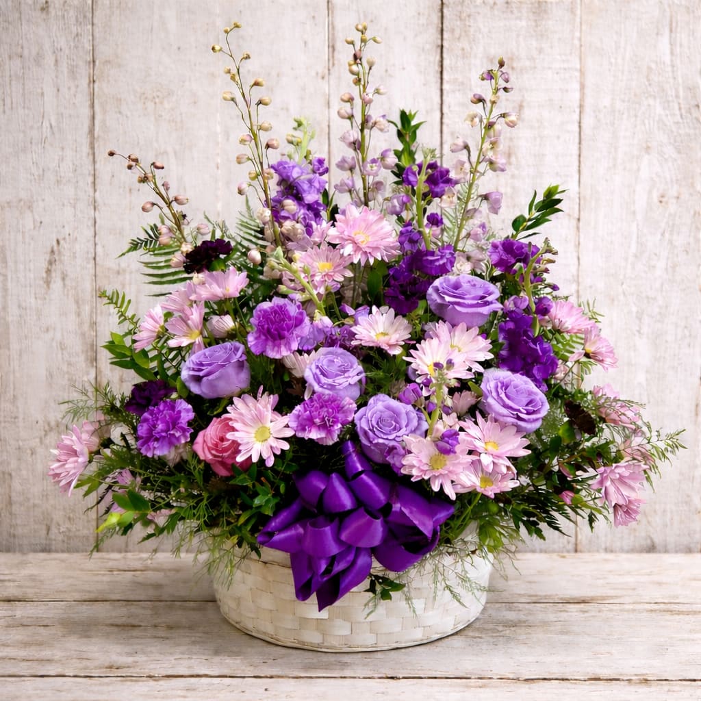 Gracious Lavender Basket Flower Bouquet