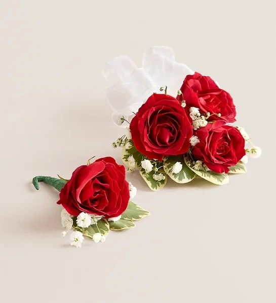 Red Spray Rose Corsage & Boutonniere Flower Bouquet