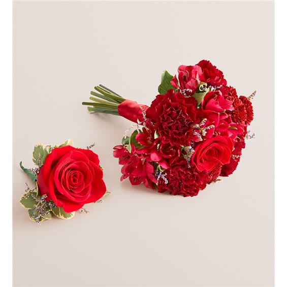 Prom Bouquet And Boutonniere- Red And Burgundy