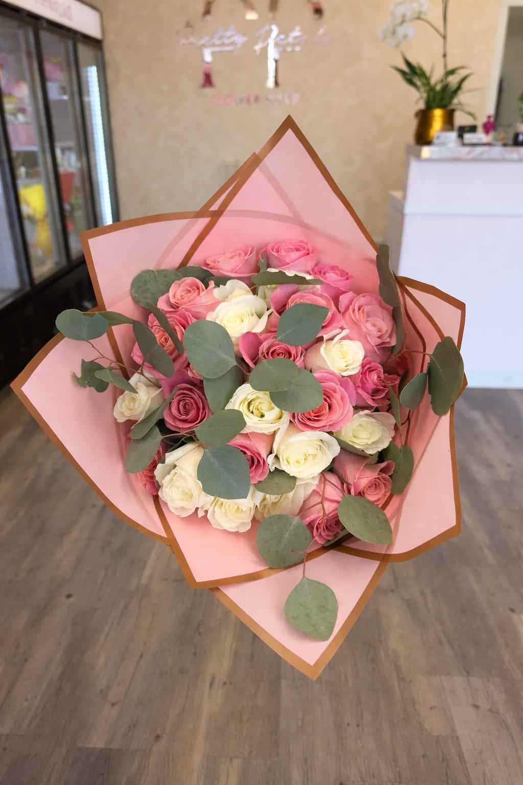 White And Pink Roses With Filler Bouquet