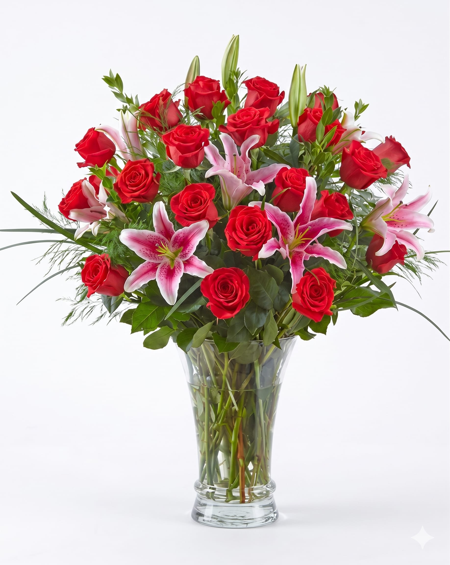 Premium 24 Rose Vase w/Lilies Flower Bouquet