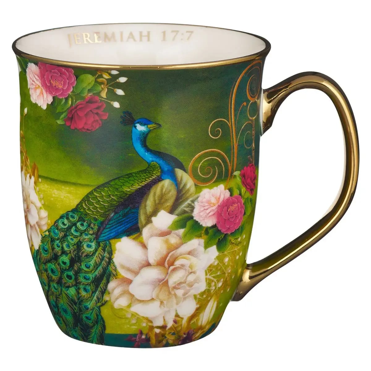 Mug Blue/White Peacock Blessed Jer. 17:7 Flower Bouquet