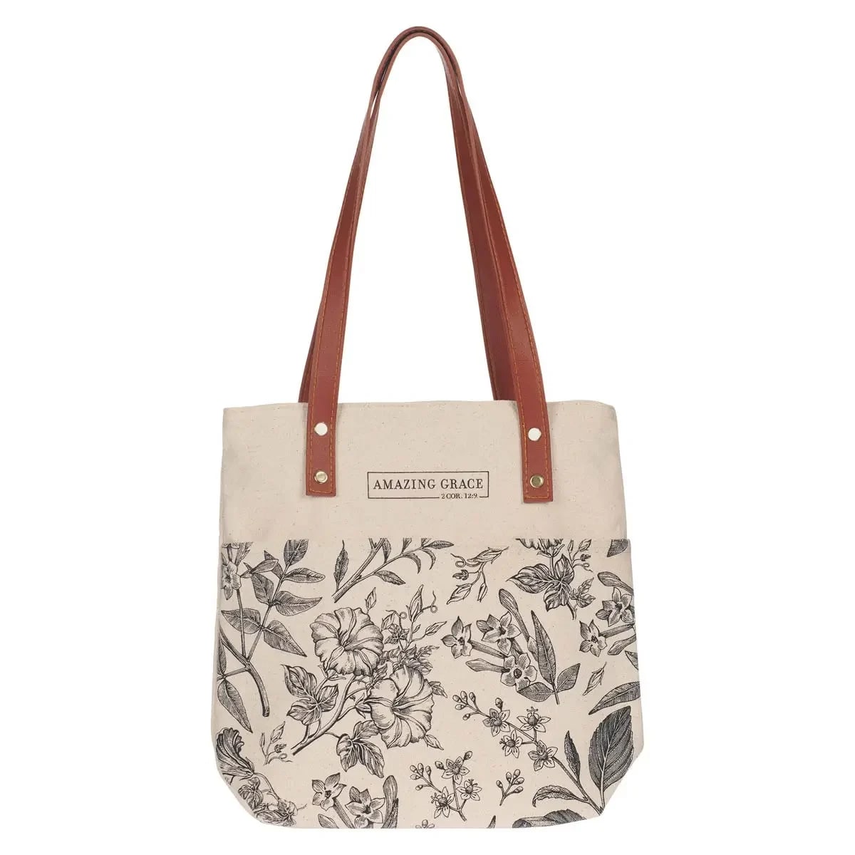 Tote Canvas Cream/Brown Amazing Grace 2 Cor. 12:9 Flower Bouquet
