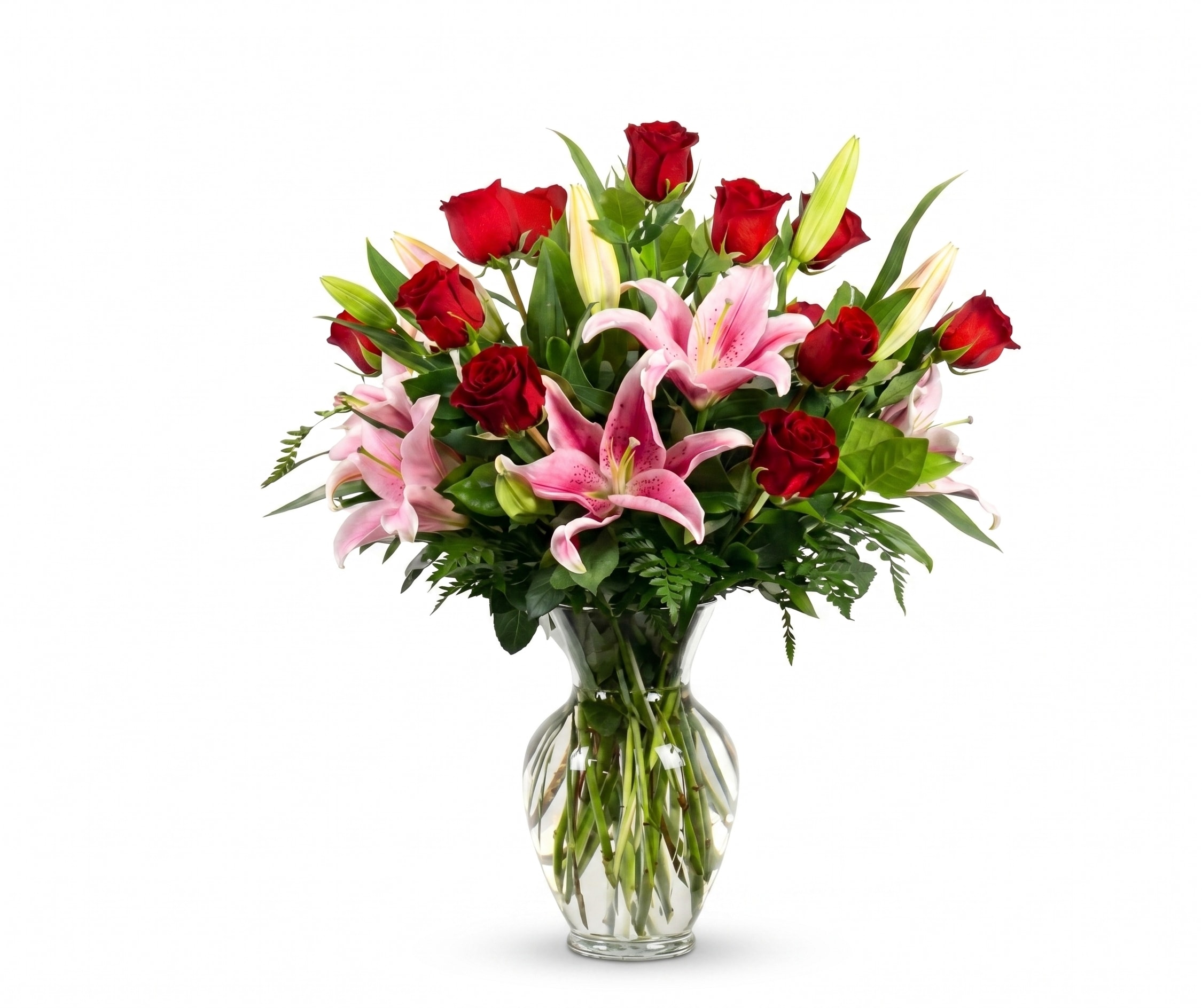 Premium 12 Rose Vase w/Lilies Flower Bouquet