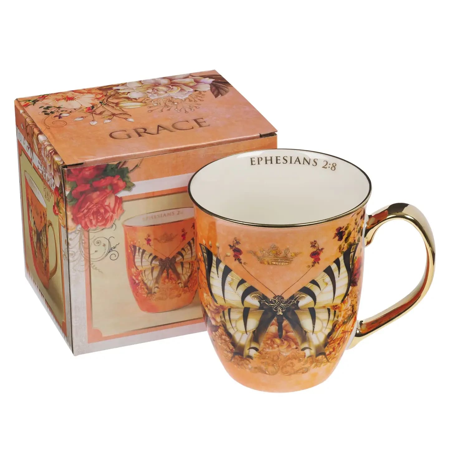 Mug Orange/White Butterfly Grace Eph. 2:8 Flower Bouquet