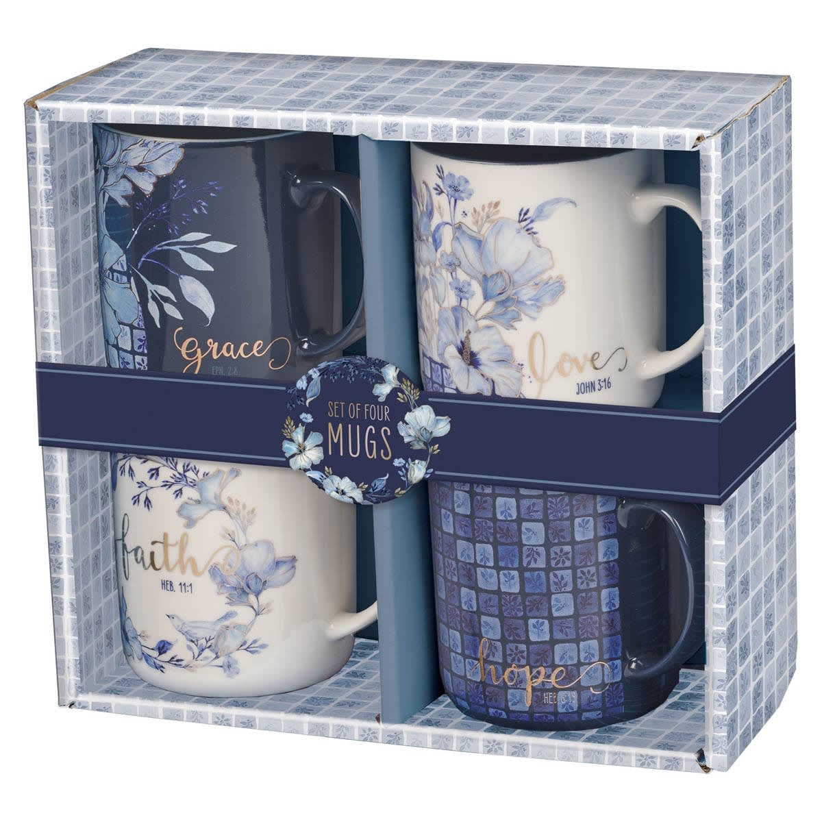 Mug Set 4pc Blue - Love | Grace | Hope | Faith Flower Bouquet
