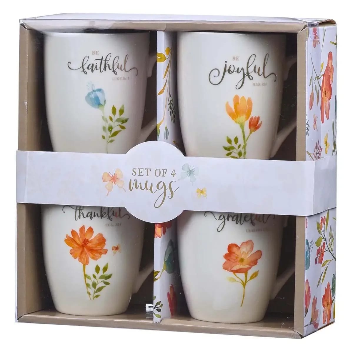Mug Set 4 Pc - Grateful | Faithful | Thankful | Joyful Flower Bouquet