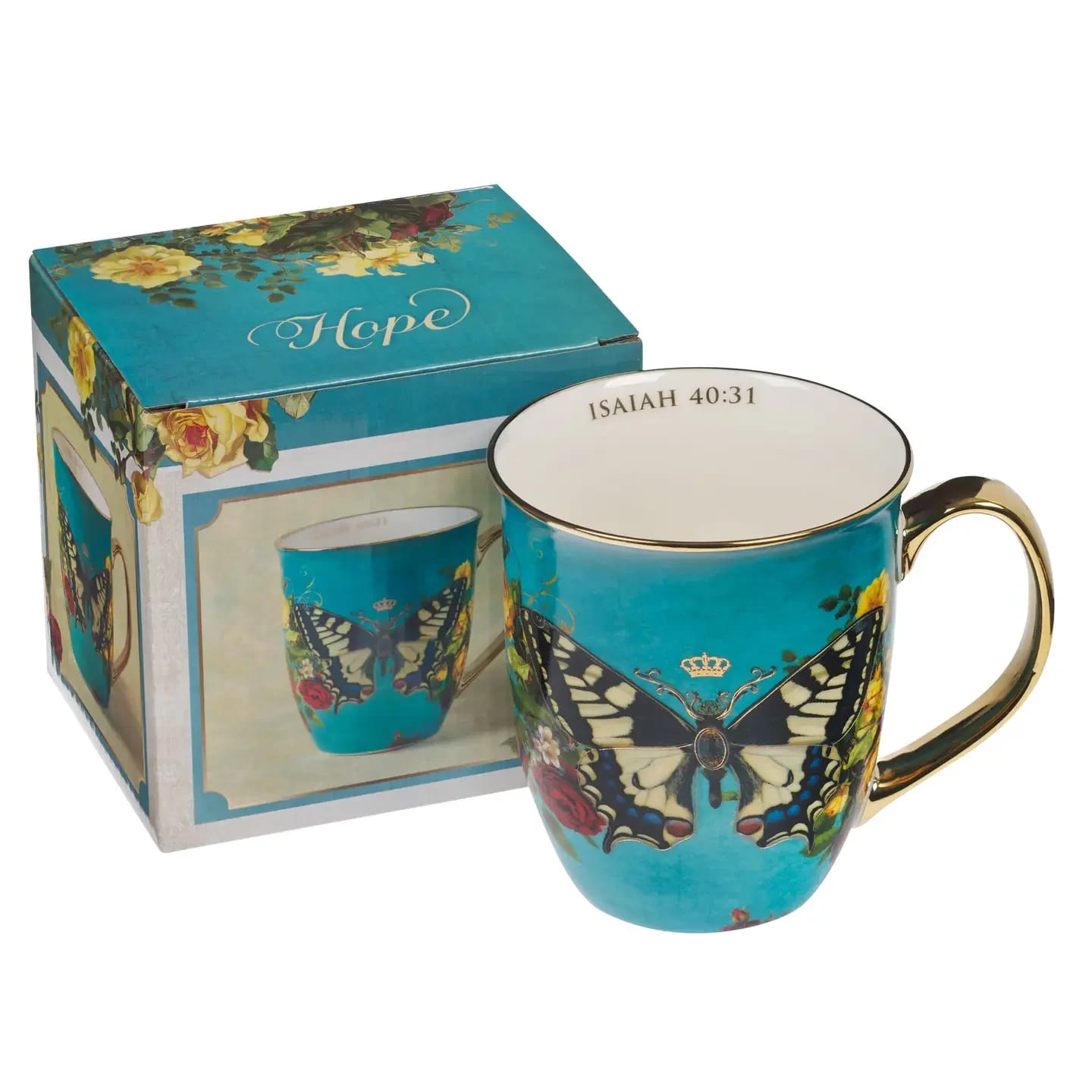 Mug Teal/White Butterfly Hope Isa. 40:31 Flower Bouquet