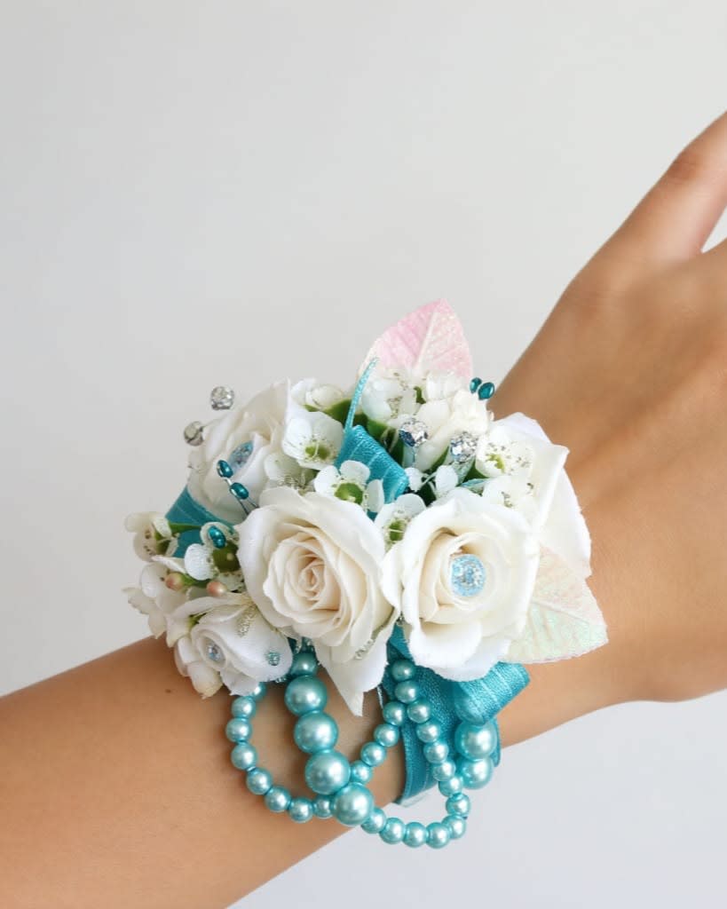 Pale Blue & White Wrist Corsage