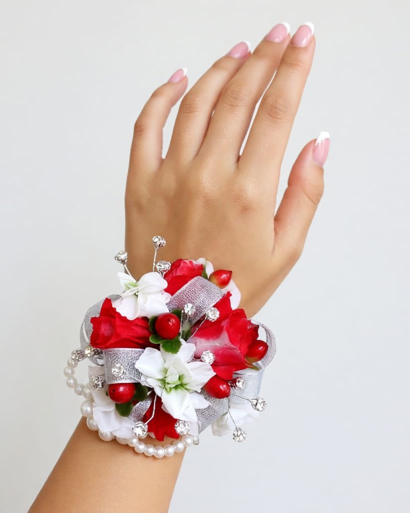 Red & White Wrist Corsage Flower Bouquet