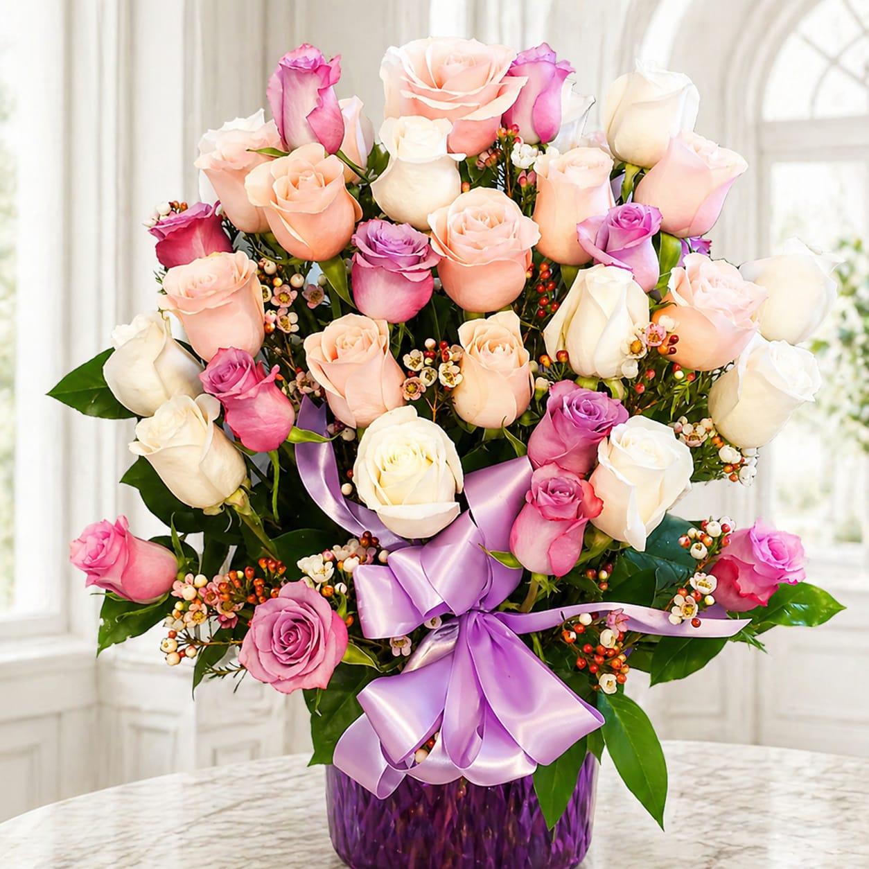 36 Long Stemmed Pastel Roses, 36 Roses Vased and Adorned Flower Bouquet