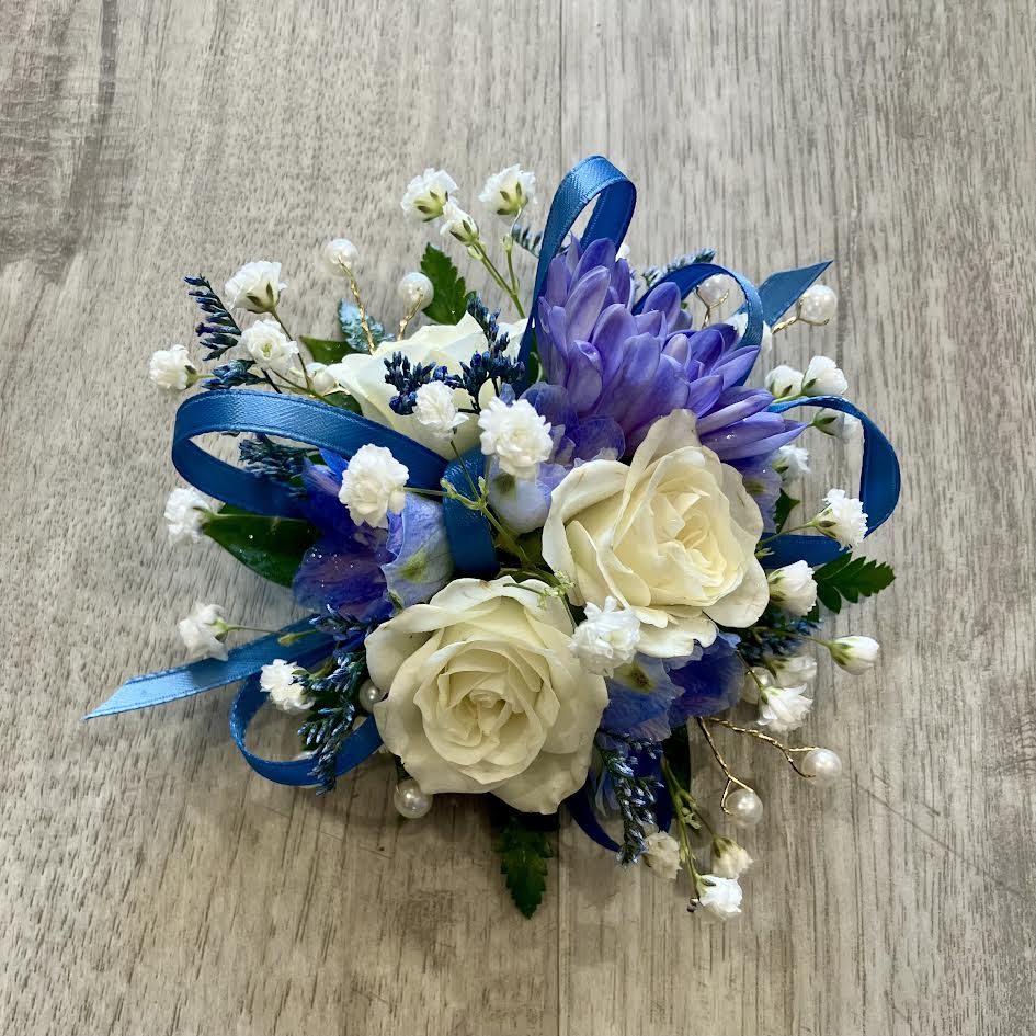 Blue and White Designers Choice REAL Prom Wrist Corsage