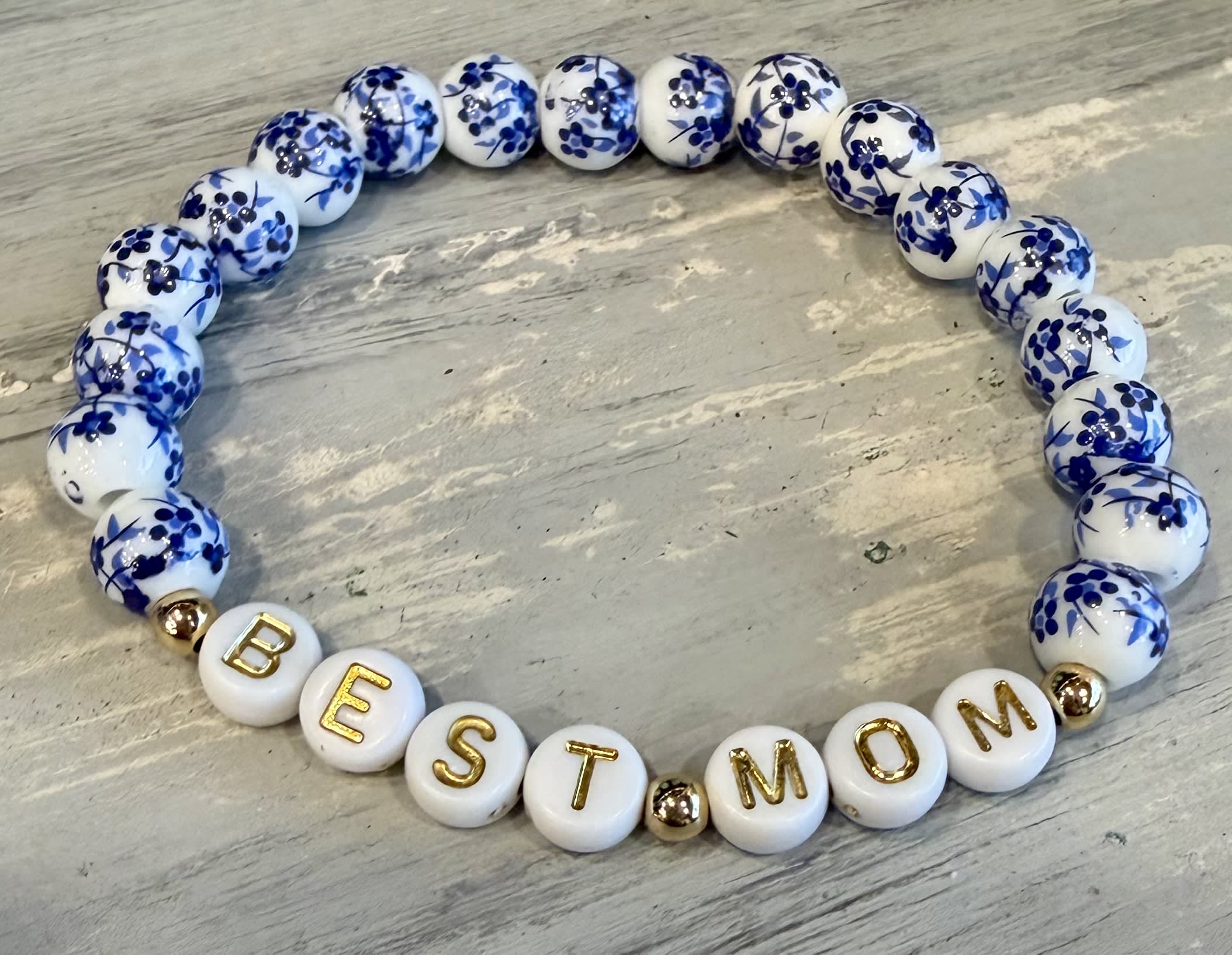 Best Mom Blue Delft Beaded Bracelet