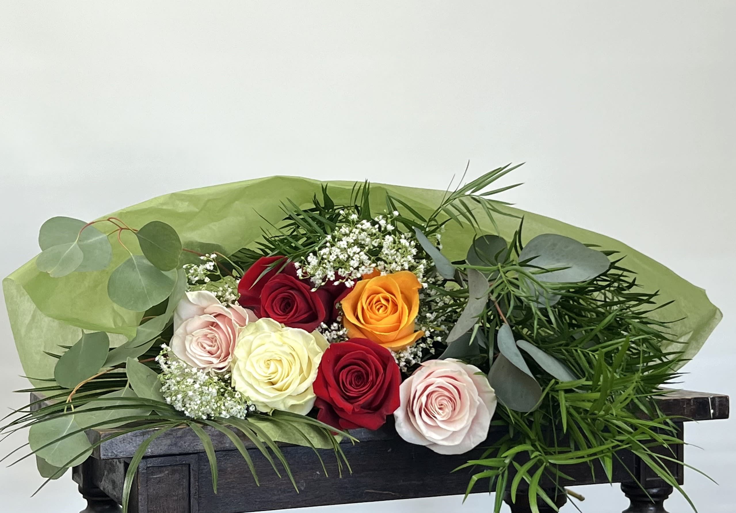 Mixed Color Roses Wrapped Flower Bouquet
