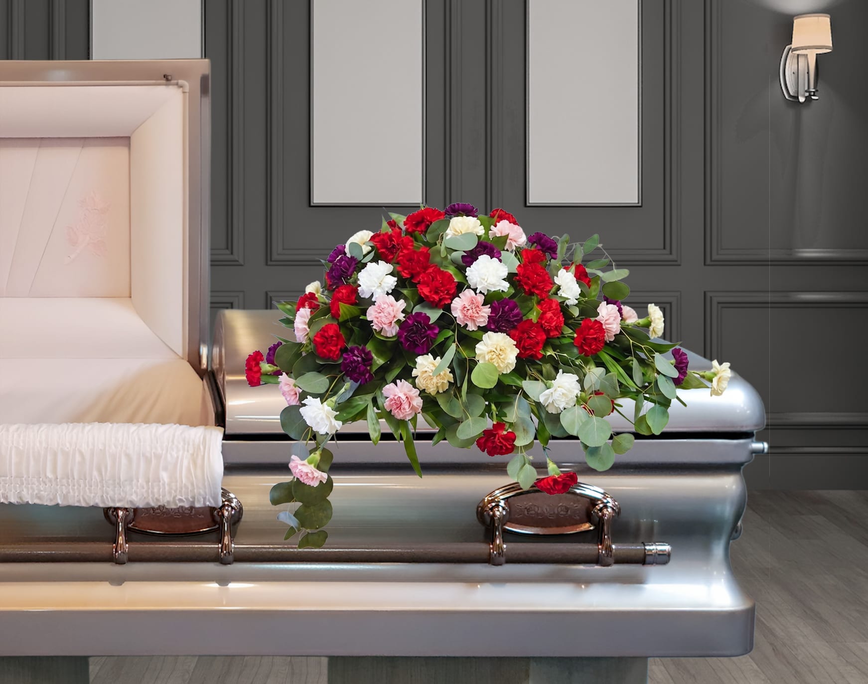 FCC-1 Casket cover de claveles con cinta impresa