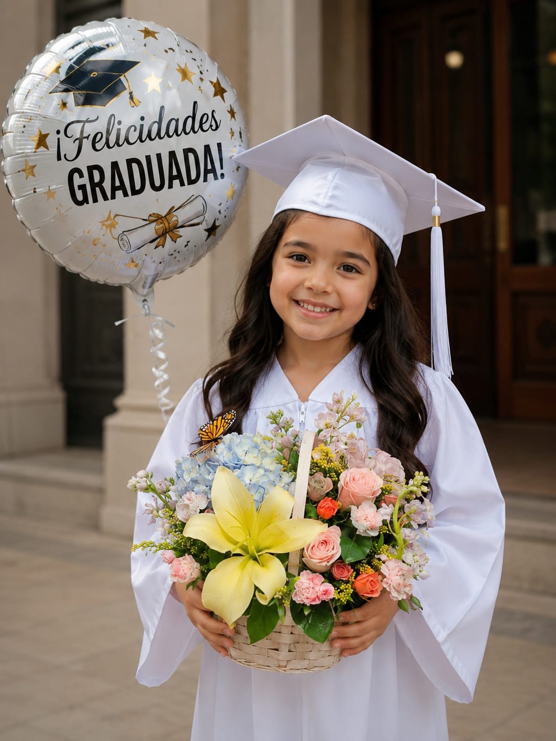 AG-1 Arreglo de graduación de rosas, hortensias, lirios,claveles, solidago, mariposa y globo Flower Bouquet