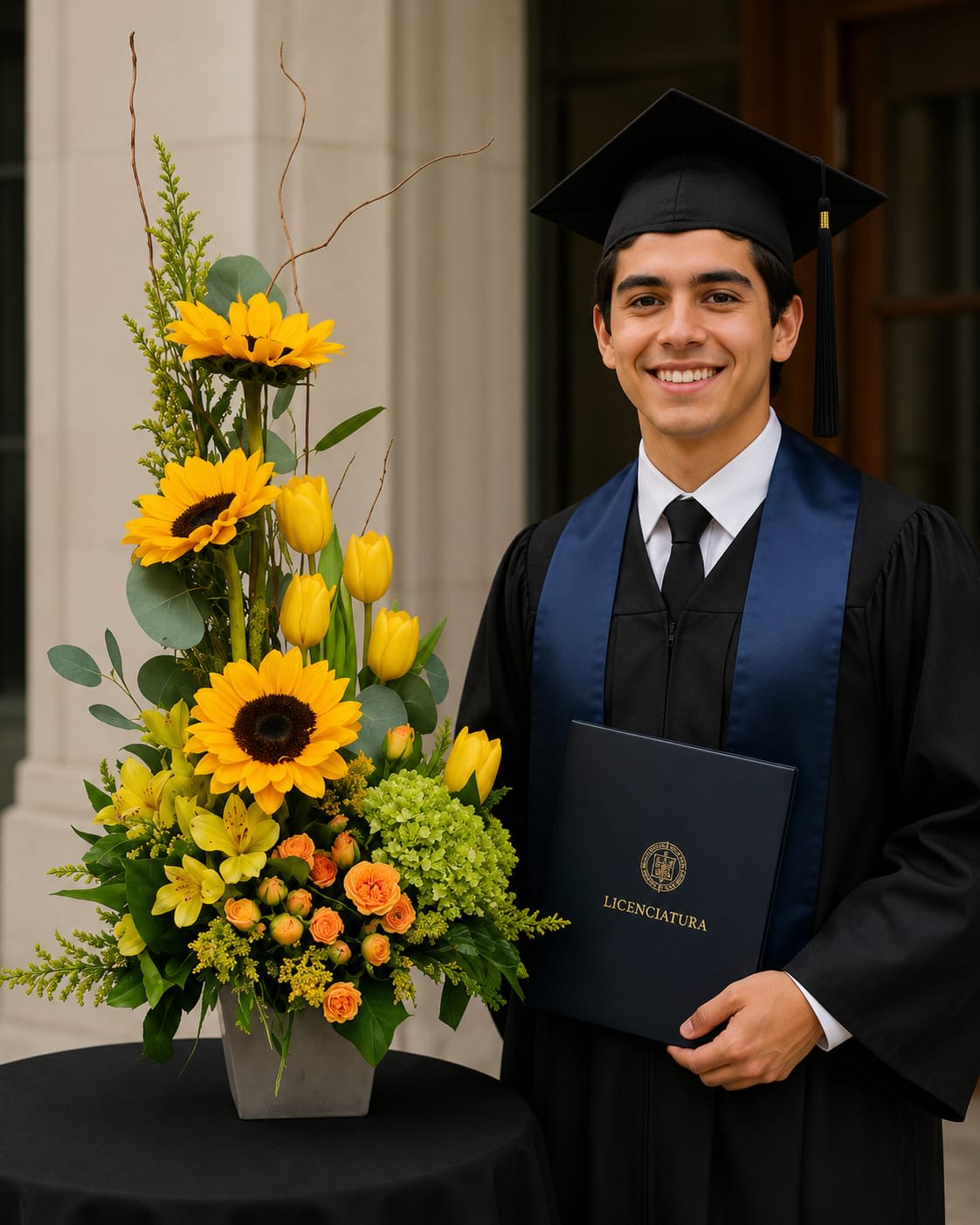 AG-3 Arreglo de graduación de girasoles, tulipanes, hortencias, astromelia y rosas miniaturas