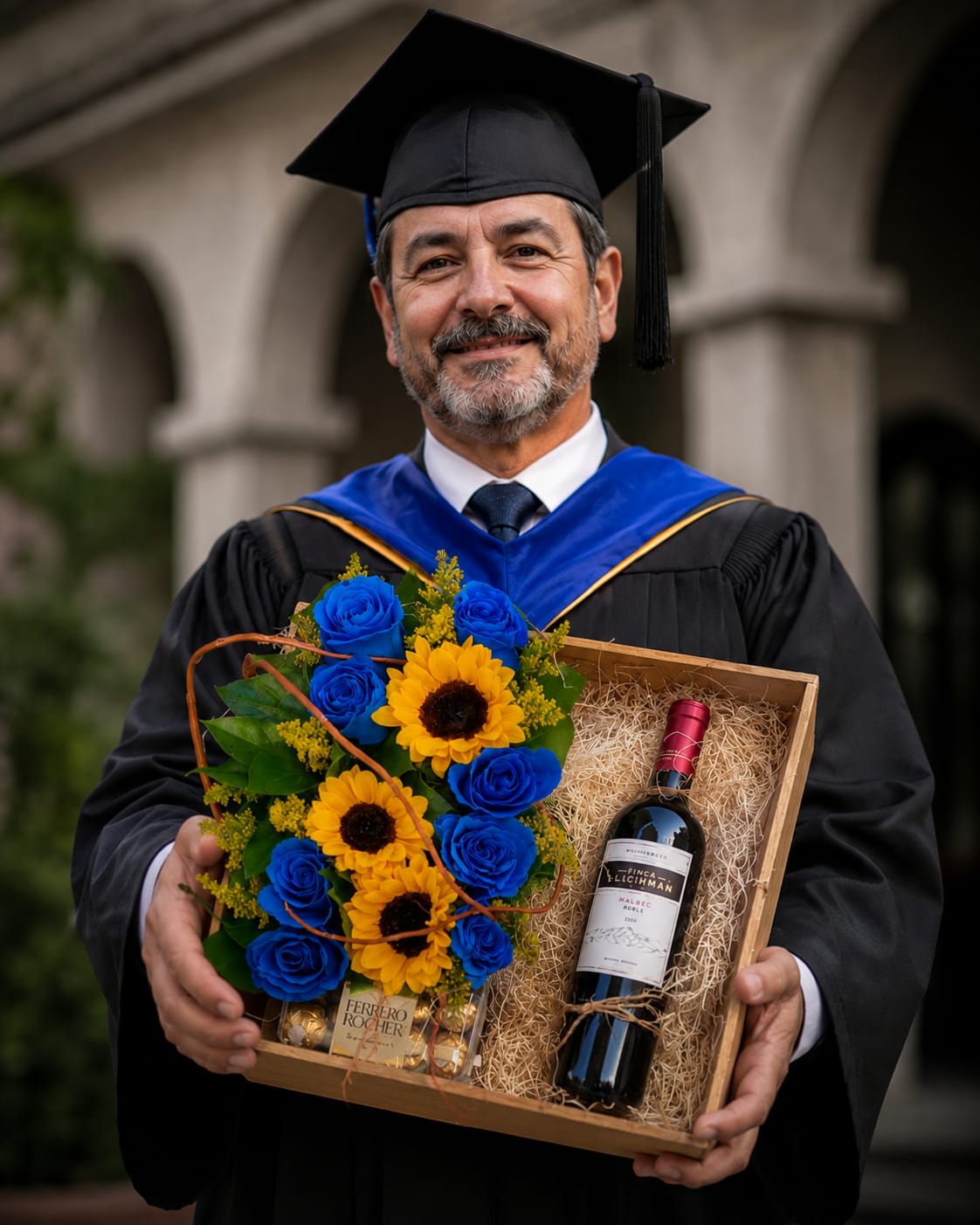 AG-6 Arreglo de graduación de rosas, girasoles, solidago, chocolates y botella de vino Flower Bouquet