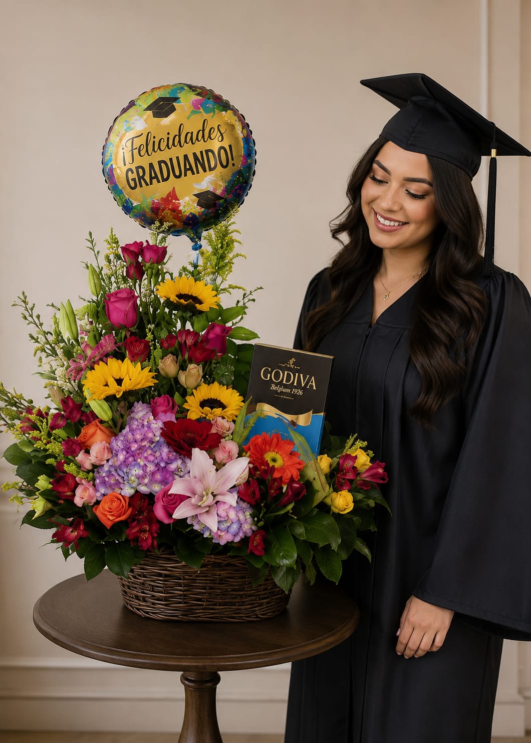 AG-8 Arreglo de graduación de rosas, lirios, hortensias, orquideas dendrobium, girasoles, gerberas, rosas miniaturas, globo y chocolates