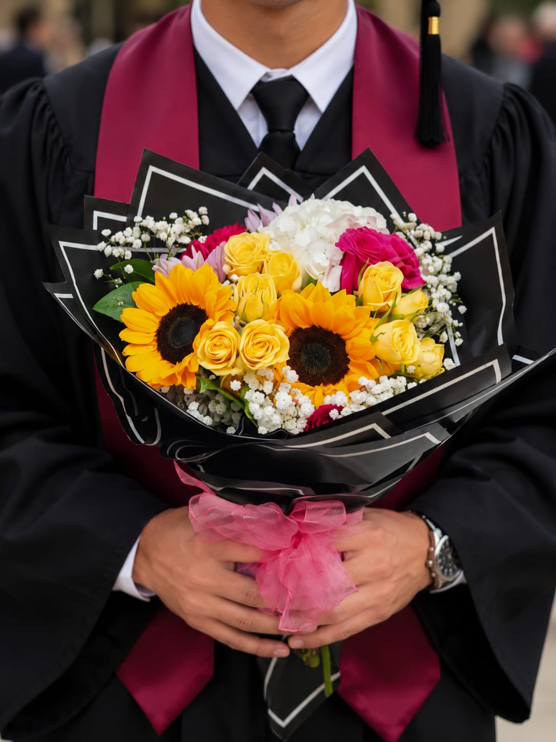 RMG-1 Ramo de graduación de rosas, girasoles, hortensias, pray roses y  baby breath Flower Bouquet