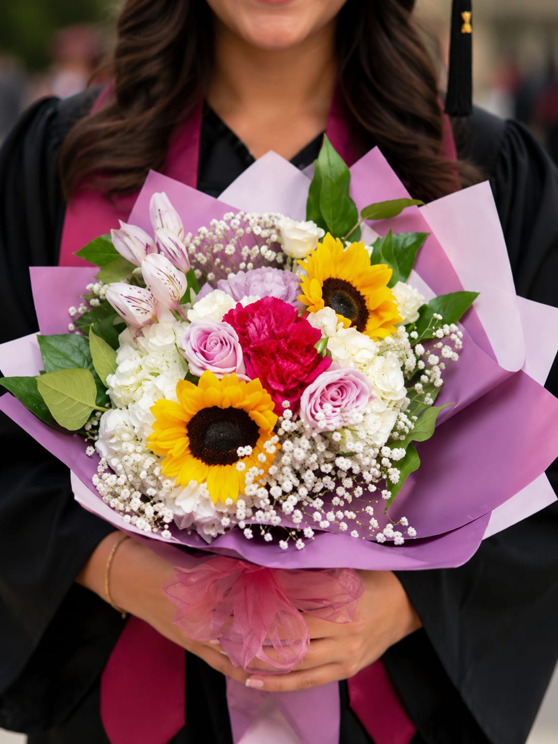 RMG-2 Ramo de graduacion de rosas, tulipanes, claveles, girasoles, crisantemos y baby breath