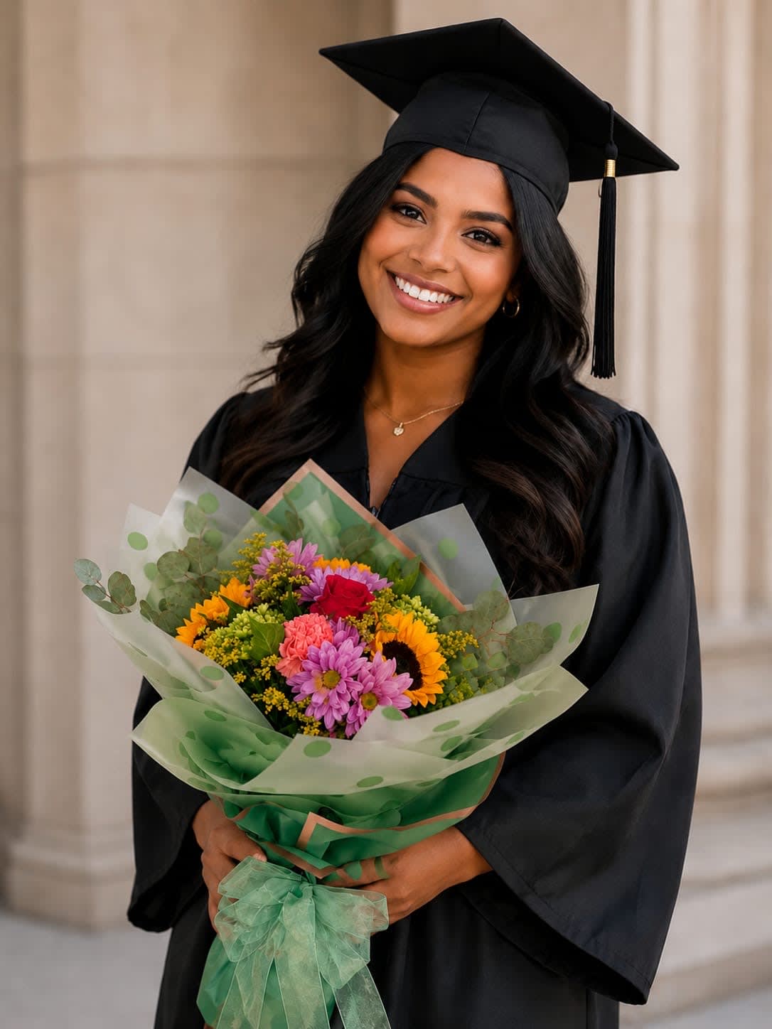 RMG-3 Ramo de graduación de rosas, girasoles, mini hortencias, margaritas y solidago Flower Bouquet
